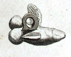 AMP-4009 - Amulette phallique ailée
bronze
Phallus plus ou moins trapu, avec ailettes ; anneau de suspension coulé.