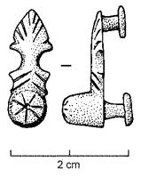 APH-4031 - Applique de harnais
bronze
Applique à deux rivets pour support en cuir ; sur la face externe, un gros bouton massif et parfois orné de stries rayonnantes est prolongé par un appendice en forme de palmette.