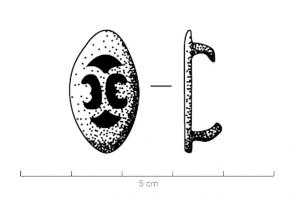 APH-4164 - Applique de harnais
bronze
TPQ : 100 - TAQ : 300
Applique plate, de forme ovale, ornée d'ajours (peltes) disposés de manière symétrique.