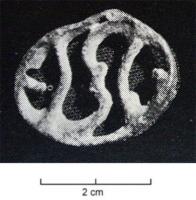 APH-4205 - Applique de harnais
bronze
TPQ : 200 - TAQ : 300
Applique de harnais ovale avec décor ajouré de trompettes ; au revers, deux rivets de fixations.