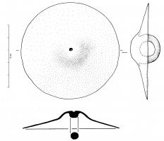 APH-4208 - Phalère de harnais
bronze
TPQ : 200 - TAQ : 300
Applique circulaire lisse, de profil conique aplati avec une bosse centrale; au revers, forte bélère arrondie verticale et centrée.