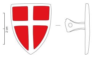 APH-7002 - Applique de harnais en forme d'écubronzeTPQ : 1200 - TAQ : 1400Applique en forme d'écu, portant souvent des armes rehaussées d'émail ; au revers, pointe de fixation, parfois écrasée et perforée à son extrémité.