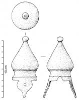APJ-4015 - Applique de joug
bronze
Applique conique, terminée par un bouton, avec une base étranglée et moulurée, ouverte par dessous et accostée de deux pattes foliacées, percées pour fixation clouée.