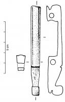 BAF-4006 - Barrette de suspension de fourreau de spatha
os ou bois de cerf
Plaque allongée et étroite, ménageant sur sa face inférieure un ajour ouvert ou refermé (accompagné ou non de perforations), destiné à une sangle plate; les deux extrémités sont amincies afin de permettre la ligature de la barrette sur le fourreau.