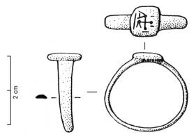 BAG-4099 - Bague de type Brancaster
bronze
TPQ : 400 - TAQ : 500
Bague à chaton plat, de forme rectangulaire et à peine dégagé du jonc qui s'élargit à son contact, avec décor en creux représentant un animal (colombe, ...) éventuellement associé à divers attributs (palme...), ou des signes fréquemment indistincts.