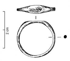 BAG-4155 - Bague à chaton plat, gravé
bronze
TPQ : 1 - TAQ : 100
Bague en bronze, le chaton ovale obtenu par un simple écrasement de matière ;  la surface lisse porte un motif animal ou végétal, gravé en creux.