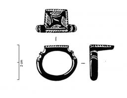 BAG-4166 - Bague (clé-bague ?)
jais
TPQ : 200 - TAQ : 400
Bague dont le chaton se présente sous la forme d'une plaque rectangulaire, déportée latéralement et ornée de motifs géométriques incisés sur la face externe.