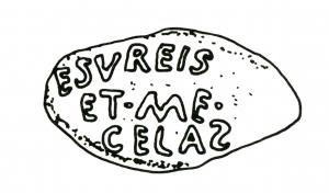 BAL-3010 - Balle de fronde : ESVREIS ET ME CELAS
plomb
Balle de fronde coulée dans un moule, inscription en relief : ESVREIS / ET.ME / CELAS,