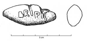 BAL-3011 - Balle de fronde : FERI  PIS
plomb
Balle de fronde coulée dans un moule, inscription en relief : FERI  PIS.