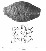BAL-3021 - Balle de fronde : CASEVM COMES PERM
plomb
Balle de fronde coulée dans un moule, inscription en relief : CASEVM / COMES / PERM(itto),