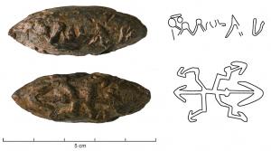 BAL-3108 - Balle de fronde : IMP.AV   foudre
plomb
Balle de fronde coulée dans un moule, inscription en relief : IMP AV…; au revers, foudre.