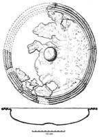 BAS-2008 - Bassin à bord rainuré
bronze
Bassin en bronze à lèvre horizontale formant marli, décoré de rainures concentriques; fond bombé, éventuellement muni d'un faible ombilic.