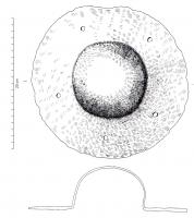 BCE-3011 - Umbo de bouclier hémisphérique
fer
Umbo circulaire, à bosse hémisphérique, entourée d'un large rebord plat maintenu par 5 rivets à tête plate.