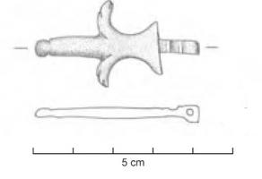 BCG-4023 - Ardillon de boucle
bronze
Ardillon plat, lancéolé, accosté de deux ergots à extrémité zoomorphe, repliés vers l'arrière.