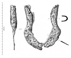 BCH-4003 - Armature de bêche
fer
Armature arrondie ou ogivale protégeant le tranchant et les côtés d'une bêche en bois ; la fixation est assurée par deux languettes remontant sur les côtés et clouées aux extrémités.