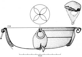 BLC-4024 - Plateau de balance
bronze
Bol profond, en tôle, à bord légèrement déversé, panse exetrne lisse ou marquée de filets parallèles exécutés au tour; 4 attaches foliacées, avec anneaux articulées, sont fixées sous la lèvre pour la supension de chaînettes. Les attaches supérieures des appliques sont formées par un double enroulement spiralé.