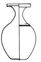 BLS-4009 - Balsamaire de type Tassinari F.2220
bronze
Balsamaire à corps ovoïde et profil sinusoïdal, col évasé et lèvre redressée ; présence d'une anse rapportée ? Fond avec cercles concentriques.