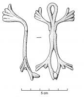 BLS-4014 - Balsamaire
bronze
Anse formée de deux brins formant au sommet un poucier en forme de boucle, accosté de deux pattes (doigts ? feuilles ?) enserrant le col ; à la base, attache également en boucle avec un bouton terminal, accosté des mêmes appendices.