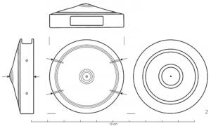 BOF-4013 - Bouterolle circulaire
bronze
Bouterolle-boîtier, face externe lisse ou légèrement conique, avec parfois un trou centré pour la fixation sur le bois du fourrau; faces lisses ou ornées de cercles concentriques incisés.