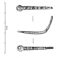 BRC-4059 - Bracelet ouvert à crochet, coulé
bronze
TPQ : 150 - TAQ : 300
Bracelet à jonc épais, coulé, de section ronde ou ovale, parfois décoré d'incisions transversales ou de motifs géométriques, mais généralement lisse; les extrémités sont aménagées l'une en crochet, l'autre en anneau (pas de butées avant le départ du jonc).