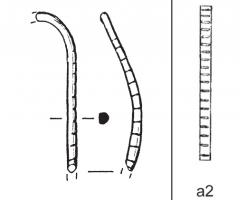 BRC-4203 - Bracelet 
bronze
TPQ : -30 - TAQ : 500
Bracelet rubané en tôle de bronze décoré d'incisions transversales. Le dispositif de fermeture n'est pas toujours connu. Certains sont fermés, d'autres sont pourvus d'un dispositif de fermeture par crochet et oeillet.