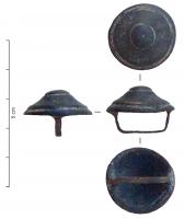 BTH-4009 - Bouton de harnais
bronze
Bouton hémisphérique en bronze, de forme conique, creux en dessous dont la fixation est assurée par une bélière rectangulaire. Le dessus du cône est orné d'une gorge sur le pourtour et une autour du sommet.