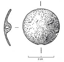 BTN-1002 - Bouton circulaire à bélière
bronze
Bouton (ou applique) à bélière ; type circulaire simple, inorné, pratiquement plat ou légèrement bombé ; modèle de petite taille (Ø inférieur à 4 cm).