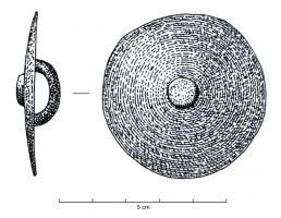 BTN-1012 - Bouton circulaire à bélière
bronze
Bouton circulaire, très légèrement bombé ; mamelon central aplati et bélière de section ronde, repliée en arc de cercle.
