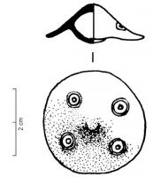 BTN-2013 - Bouton à bélière de type Saint-Vallier
bronze
Bouton conique aplati, à sommet adouci; décor de cercles oculés; au revers, bélière coulée, plus ou moins large.