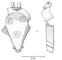 BTS-4036 - Boîte à sceau en forme de goutte
bronze
TPQ : 150 - TAQ : 260
Fond en forme de goutte, à parois obliques, percé de trois trous fréquemment entourés d'un cercle ; deux ergots encadrent la pointe.