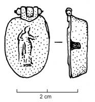 BTS-4226 - Boîte à sceau de forme ovale
bronze
TPQ : 80 - TAQ : 150
Boîte à sceau de forme ovale ; sur le couvercle, dont le sommet forme une fenêtre repliée vers la face supérieure, relief moulé ou estampé : personnage debout vers la droite, apparemment appuyé sur une colonne. Trois trous non cerclés sur le fond.
