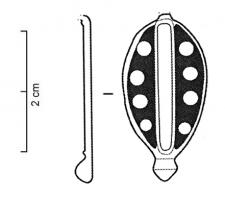 BTS-4228 - Boîte à cseau en forme de feuille
bronze
TPQ : 125 - TAQ : 300
Boîte à sceau foliacée (forme rare) ; pointe de calage en bas, dont le couvercle, allongé, est creusé de deux loges d'émail séparées par une bande verticale également émaillée : émaux garnis de pastilles de verre.