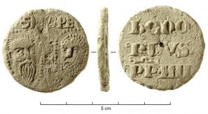 BUL-9085 - Bulle pontificale
plomb
Disque épais en plomb, perforé pour le passage de rubans, et frappé au nom du pape émetteur : sur une face, les têtes schématisées de Pierre et Paul, SPA - SPE ; au revers : (Honorius IV, pape de 1285 à 1287).