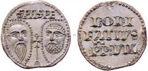 BUL-9088 - Bulle pontificale
plomb
Disque épais en plomb, perforé pour le passage de rubans, et frappé au nom du pape émetteur : sur une face, les têtes schématisées de Pierre et Paul, SPA - SPE ; au revers : BONI / FATIVS / PP.VIII (Boniface VIII, pape de 1294 à 1303).