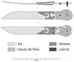 CAC-4001 - Couteau à affûter les calames
bronze, fer
Petit couteau en fer, à manche de bronze ou composite ; lame à bords parallèles, tranchant rectiligne, le dos s'incurve brusquement vers la pointe ; manche en matériau organique (bois) avec en guise de virole deux feuilles de bronze découpées en forme de volutes.