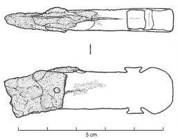 CAC-4026 - Couteau à affûter les calames
fer, os
Manche rectangulaire avec une extrémité arrondie, précédée d'une encoche de chaque côté. Lame de fer.
