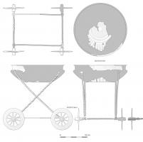 CHM-2002 - Char miniature
bronze
Montage d'un récipient en bronze sur un char miniature à quatre roues, sommairement figuré avec son chassis.