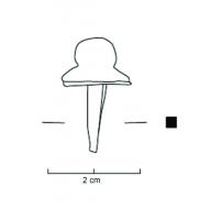 CLD-4085 - Clou décoratif
bronze, fer
Clou pourvu d’une tête sphérique pleine prolongée d’une base très large et évasée accompagnée d’un bourrelet périphérique. En dessous s’insère une tige de section quadrangulaire.