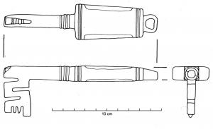 CLE-4035 - Clé à rotation
fer
TPQ : 50 - TAQ : 300
Clé à canon plein, panneton découpé ; le manche forme un bloc rectangulaire aux angles abattus ; il est surmonté d'un anneau.
