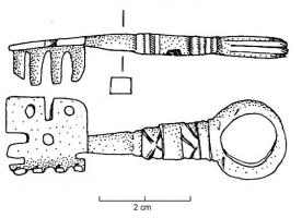 CLE-4069 - Clé de meuble
bronze
Clé à translation en bronze, manche plat percé au sommet pour la suspension, tige prolongée par une platine en L, découpée d'ajours complexes avec dents et ouverture rectangulaire.