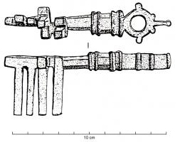 CLE-4106 - Clé à translation
bronze
TPQ : 1 - TAQ : 400
Clé à translation, entièrement coulée, dont le manche se termine par un anneau accosté de trois ergots, surmontant une plaque rectangulaire encadrée de moulures transversales ; panneton en platine rectangulaire ajourée, avec 4 à 6 dents perpendiculaires.