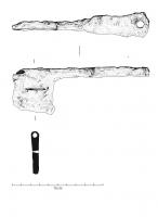 CLE-4137 - Clé à rotation
fer
TPQ : 1 - TAQ : 400
Clé en fer à manche trapézoïdale percé d'un trou circulaire en partie supérieure. Le panneton est perpendiculaire à l'anneau et d'un seul bloc, il est percé d'une petite ouverture allongée en partie centrale.