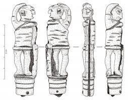 CNF-4079 - Canif : personnage debout (Thrace ?
fer, os
Canif à manche sculpté représentant un personnage debout (appuyé à droite sur un bâton ?), vêtu d'une tunique courte et touchant son crâne avec sa main droite : gladiateur Thrace ?