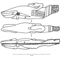 CNF-4095 - Canif : cygne
fer, os
TPQ : 50 - TAQ : 200
Manche de canif (lame pliante), en forme de cygne couché, la tête posée sur le dos.