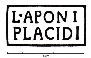 COV-4103 - Tuile estampillée L. APONI PLACIDI
terre cuite
TPQ : -30 - TAQ : 300
Empreinte antique d'un signaculum métallique sur tuile : L. APONI PLACIDI.