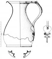 CRU-3001 - Cruche de type Ornavasso-Kjaerumgaard
bronze
Cruche en tôle de bronze, à profil sinusoïdal et lèvre pendante, fond plat légèrement débordant ; anse coulée épousant la forme de l'embouchure avec deux têtes d'oiseaux stylisées, attache d'anse foliacée prolongée éventuellement par de fines volutes épousant la courbure de la panse ; pieds rapportés en bronze, fixés par brasure, comportant trois échancrures arrondies et des pointes parfois bifides.