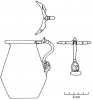 CRU-3002 - Cruche de type Piatra Neamt
bronze
Cruche bitronconique, à fond plat, comportant une large embouchure et une lèvre redressée vers le haut ; anse coulée terminée par un buste barbu, parfois de facture classique mais parfois très schématique.