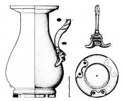 CRU-3003 - Cruche de type Kappel-Kelheim
bronze
Cruche à panse piriforme, matelée, renflée vers le bas, lèvre oblique et bord vertical ; fond annulaire, protégé des chocs par trois supports rapportés, de forme caractéristique et creusés de deux cupules ; anse également rapportée, moulurée au sommet et pourvue à la base d'une attache en forme de masque de théâtre avec deux