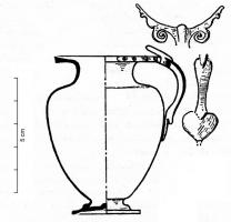 CRU-3020 - Cruche
argent
Cruche à panse ovoïde, col étranglé, lèvre épaissie et largement ouverte; piedouche mouluré sur un pied étranglé; anses rapportée, avec deux volutes encadrant l'embouchure et une attache inférieure foliacée.