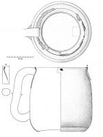 CRU-4111 - Cruche ou mesure
bronze
TPQ : 200 - TAQ : 1900
Pot cylindrique, à large ouverture, bord à peine rétréci avec une lèvre peu marquée, épaissie, tournée vers l'extérieur; anse tubulaire verticale fixée par brasure en haut et en bas de la panse verticale; fonc légèrement rentrant pour dégager une large base annulaire.